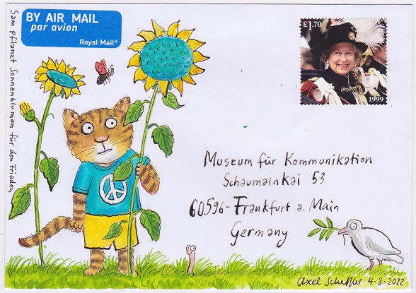Briefumschlag, den Axel Scheffler zum Ukraine-Krieg gestaltet hat und der anlässlich der Ausstellungseröffnung versteigert wird. © Axel Scheffler
